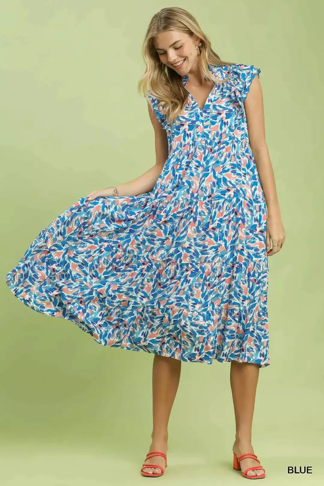 Umgee Leaf Print Midi Tiered Dress with Side Pockets