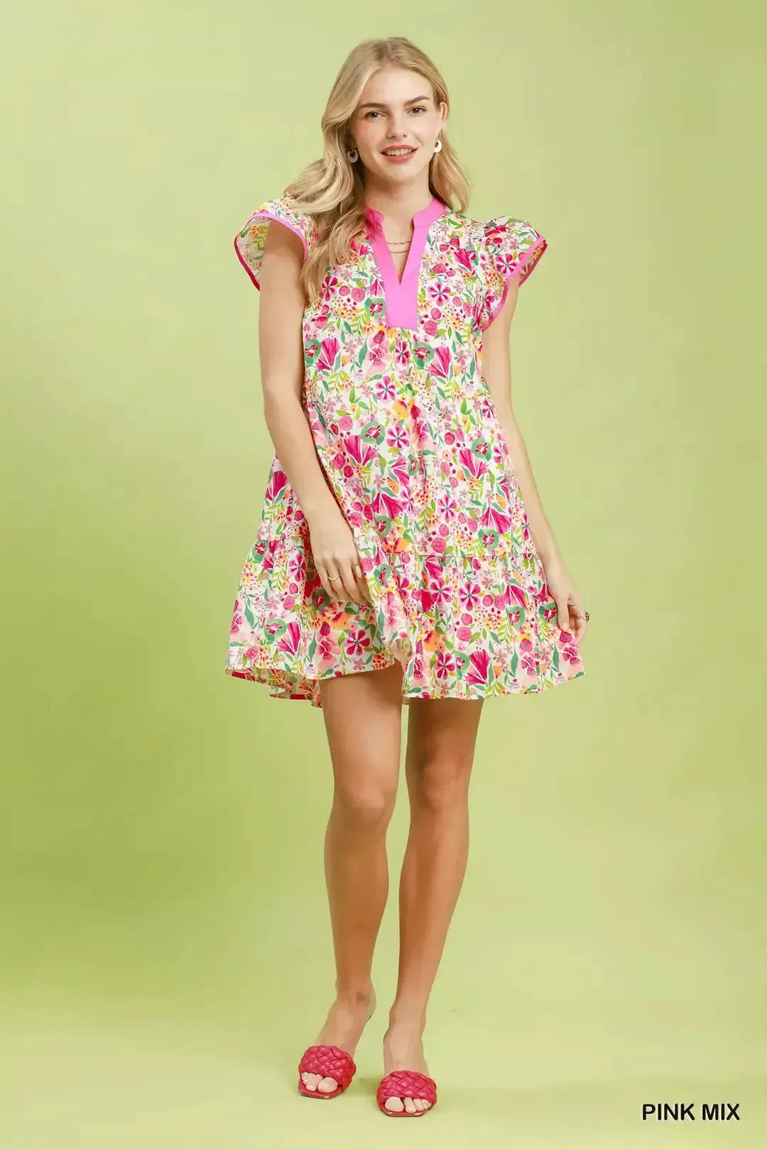 Umgee Floral Flutter Sleeve Tiered Mini Dress