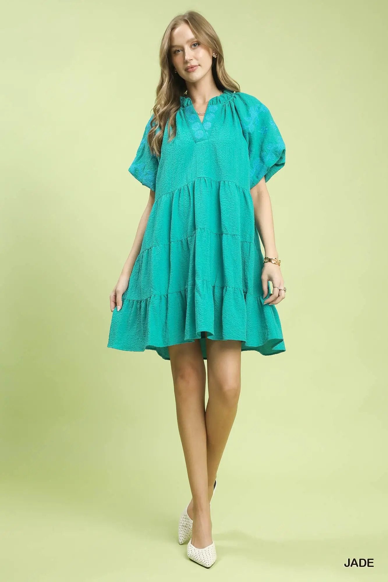 Umgee Embroidered Tiered Puff Sleeve Mini Dress