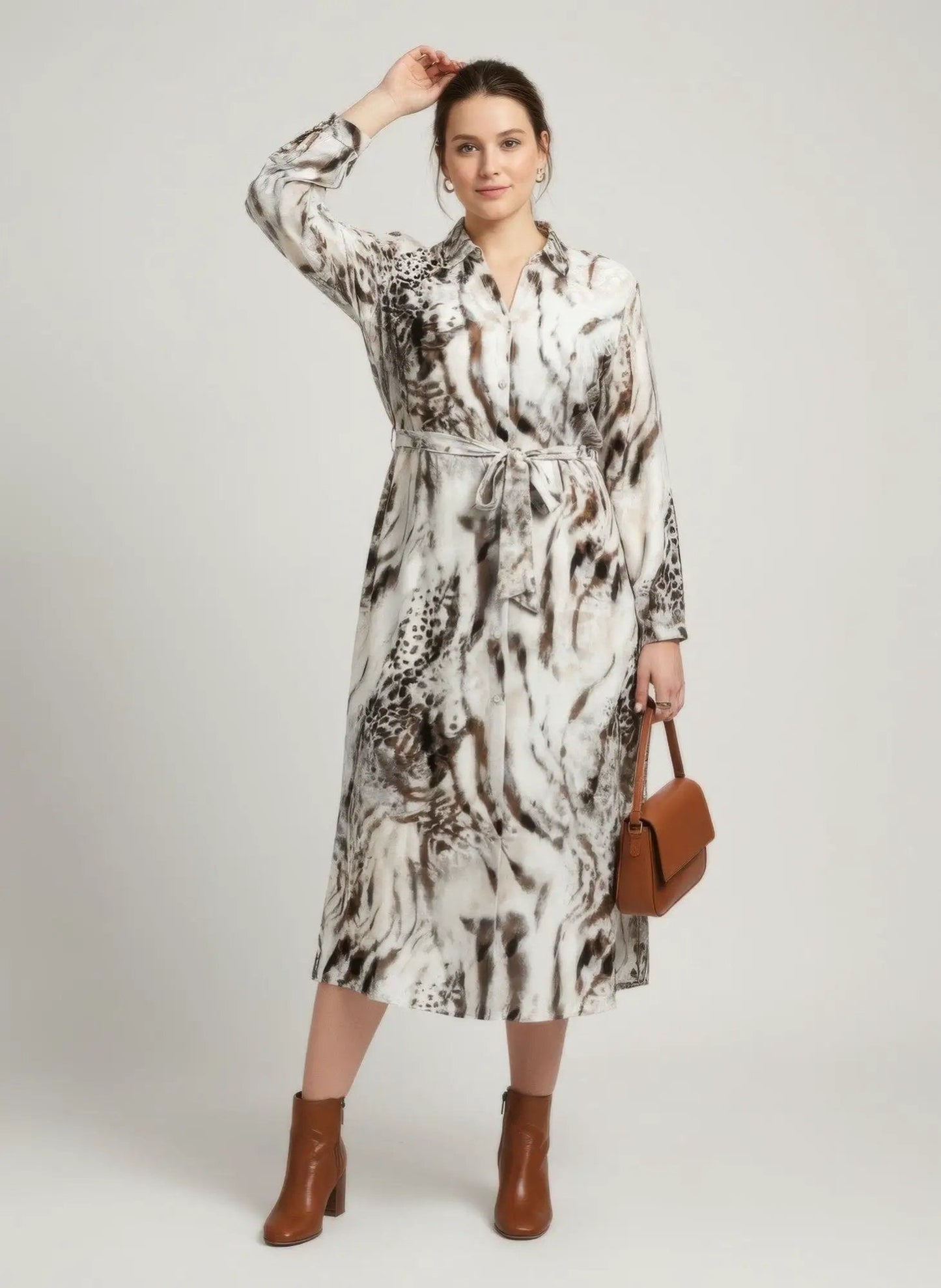 Animal Print Belted Button-front Midi Shirt Dress