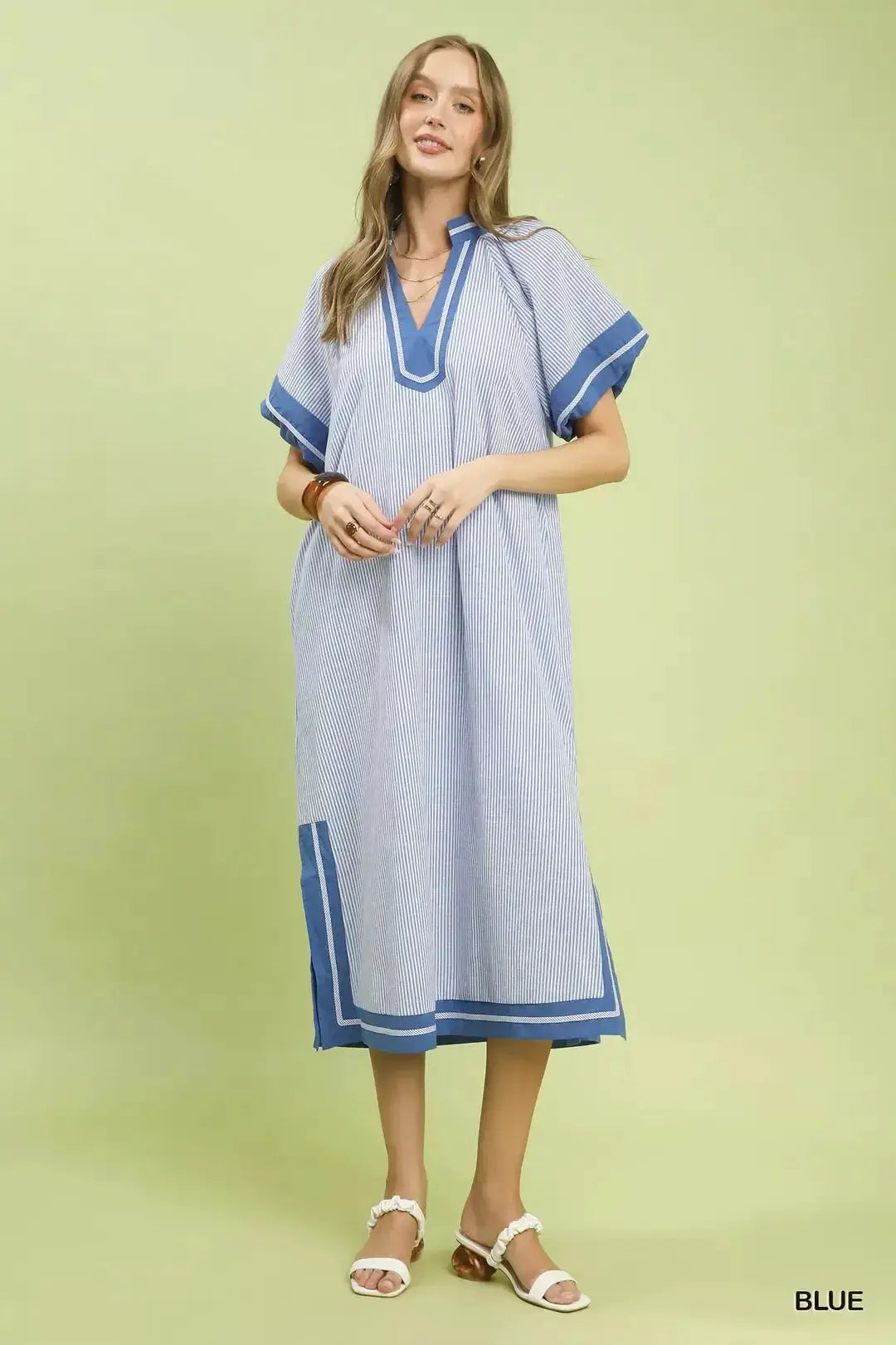 Umgee Pinstripe Contrast Trim Midi Dress