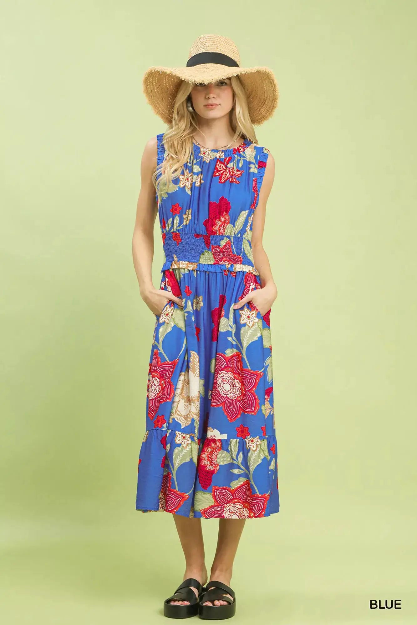 Umgee Floral Smocked Midi Dress