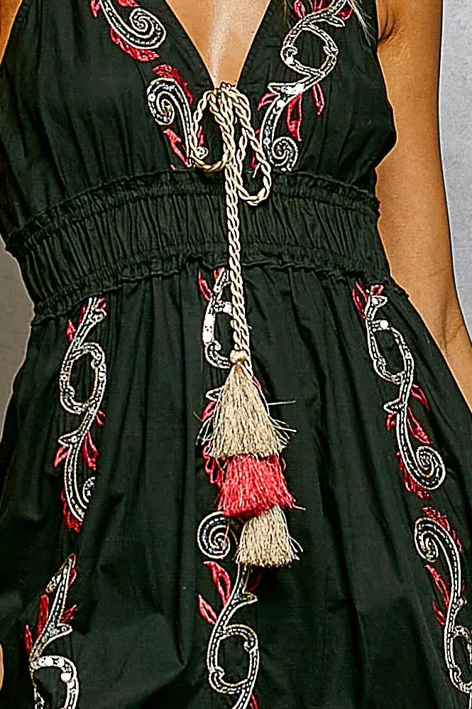 POL Embroidered Detail Tassel Tie Smocked Waist Midi Tiered Cami Dress