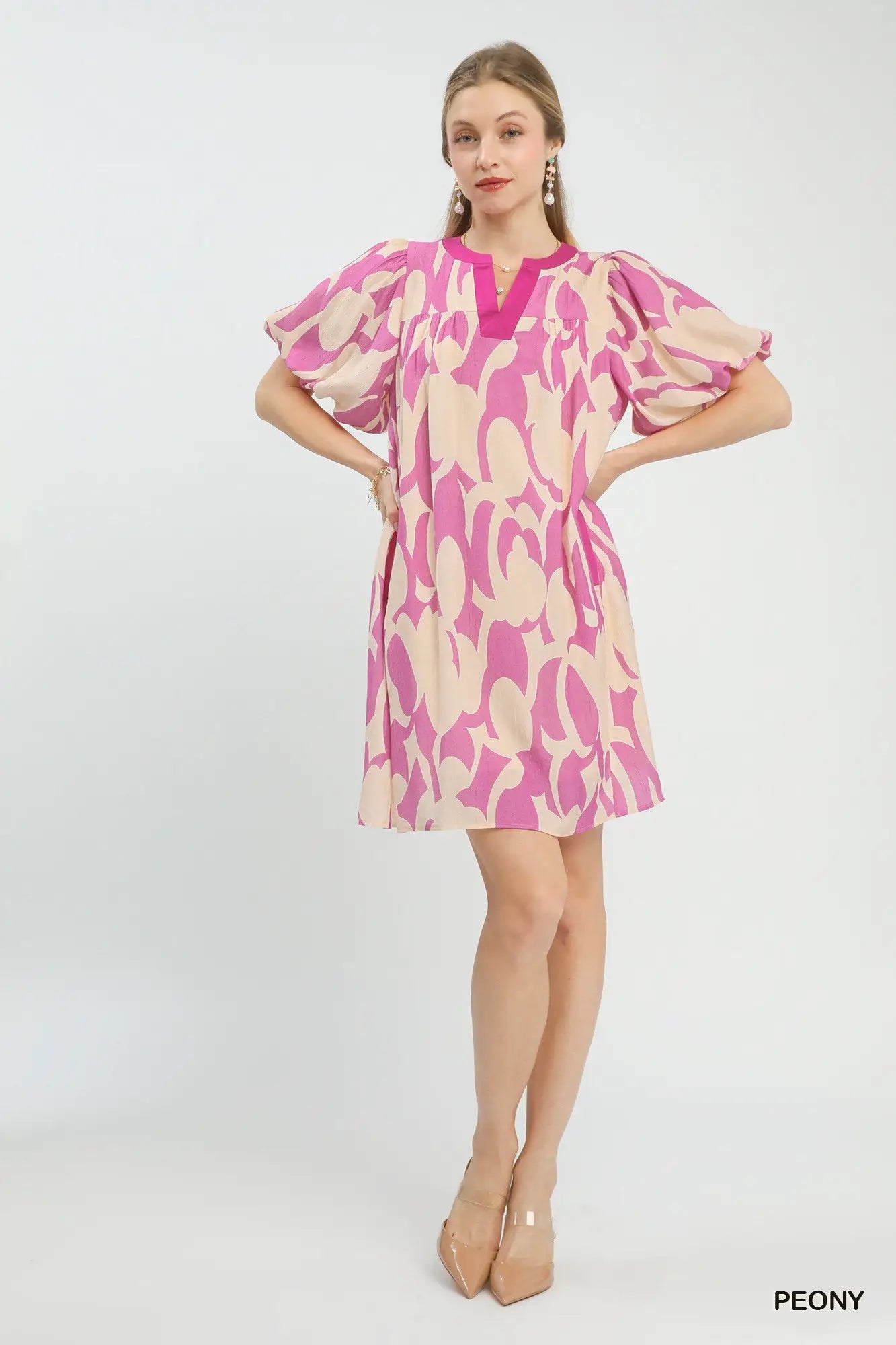 Umgee Abstract Print Puff Sleeve Shift Dress