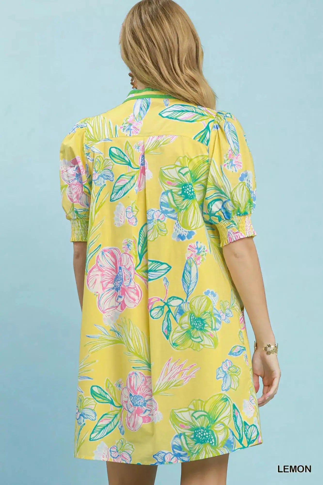 Umgee Botanical Print Dress with Smocked Cuffs