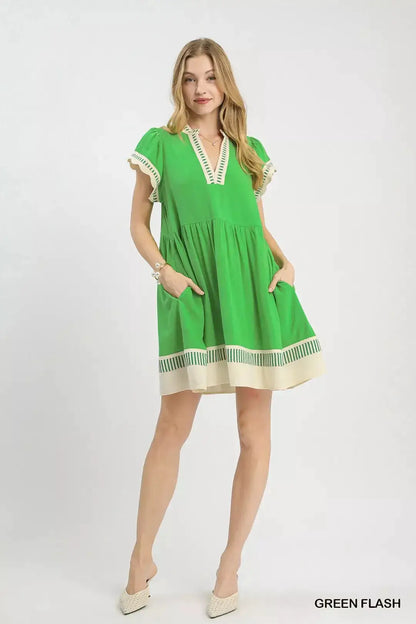 Umgee Linen Color Block Flutter Sleeve Dress
