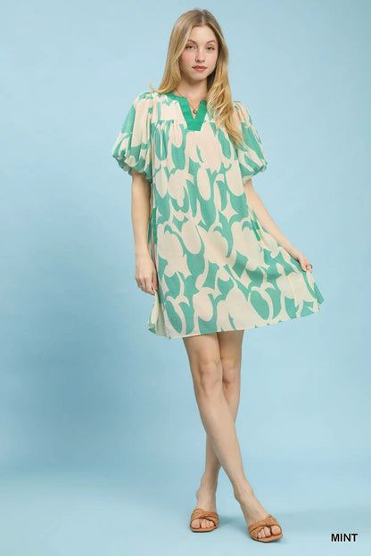 Umgee Abstract Print Puff Sleeve Shift Dress