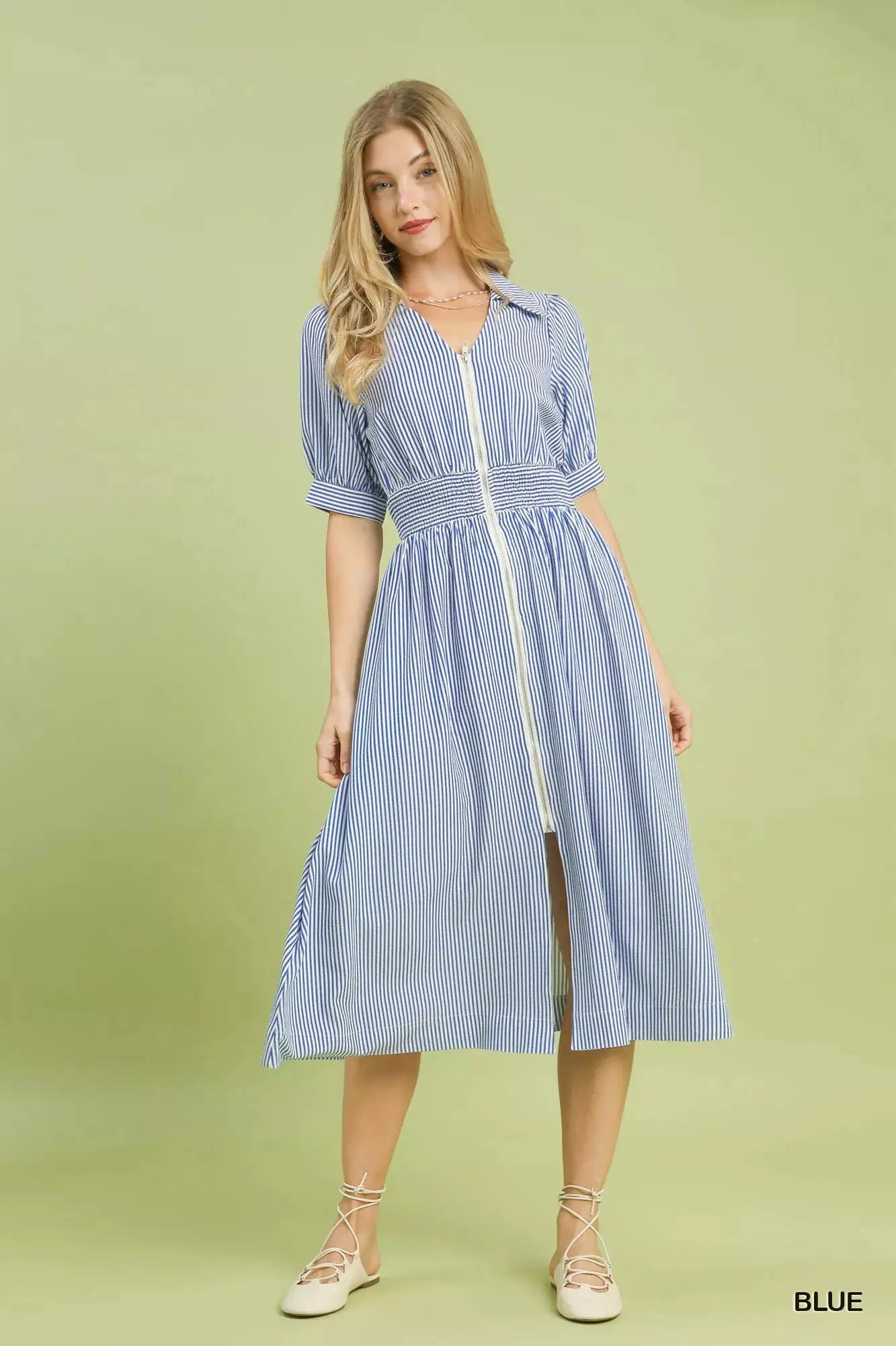 Umgee Striped Midi Dress with Front Zipper