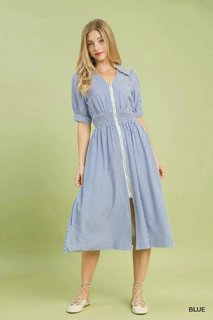 Umgee Striped Midi Dress with Front Zipper