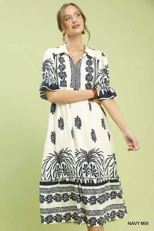 Umgee Border Print Midi Dress with Puff Sleeves