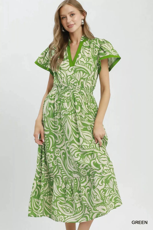 Umgee Paisley Print Midi Dress with Side Pockets