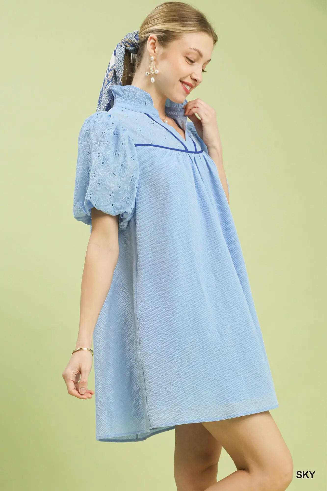 Umgee Puff Sleeve Textured Babydoll Dress