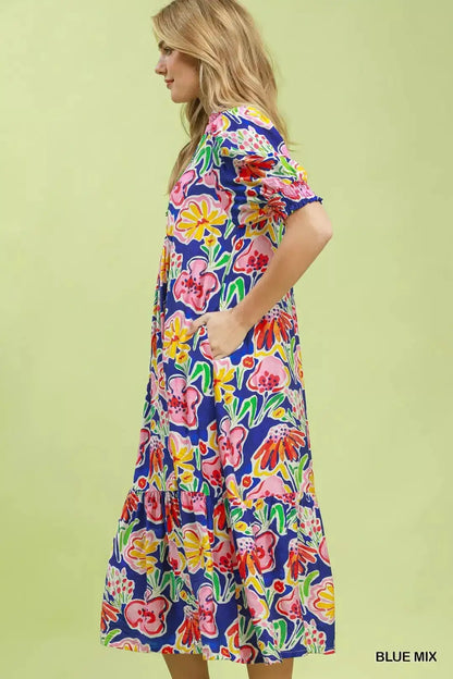 Umgee Floral Print Puff Sleeve Tiered Midi Dress