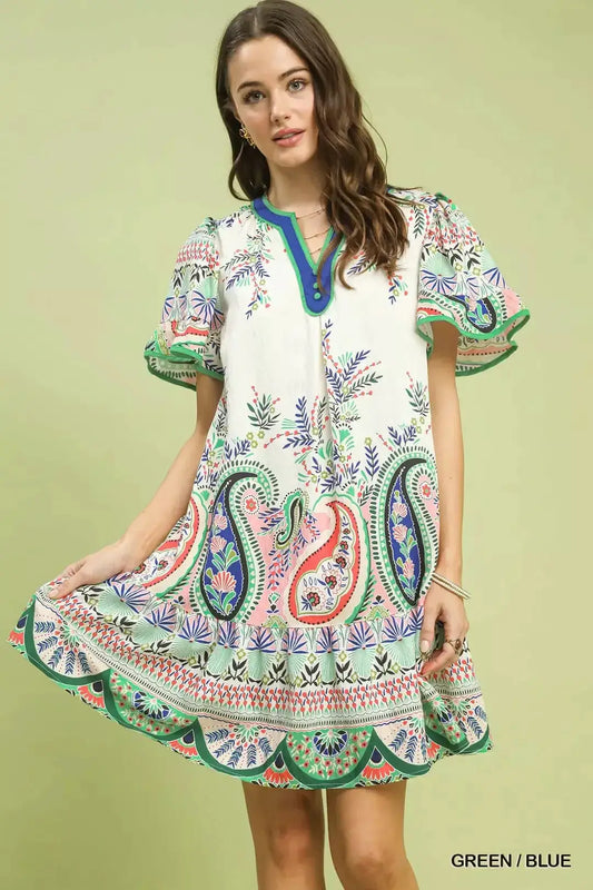 Umgee Paisley Flutter Sleeve Mini Dress
