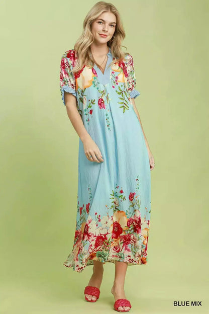 Umgee Mix Floral Border Print Midi Dress