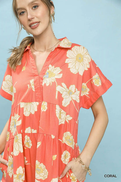 Umgee Floral Tiered Collared Babydoll Dress