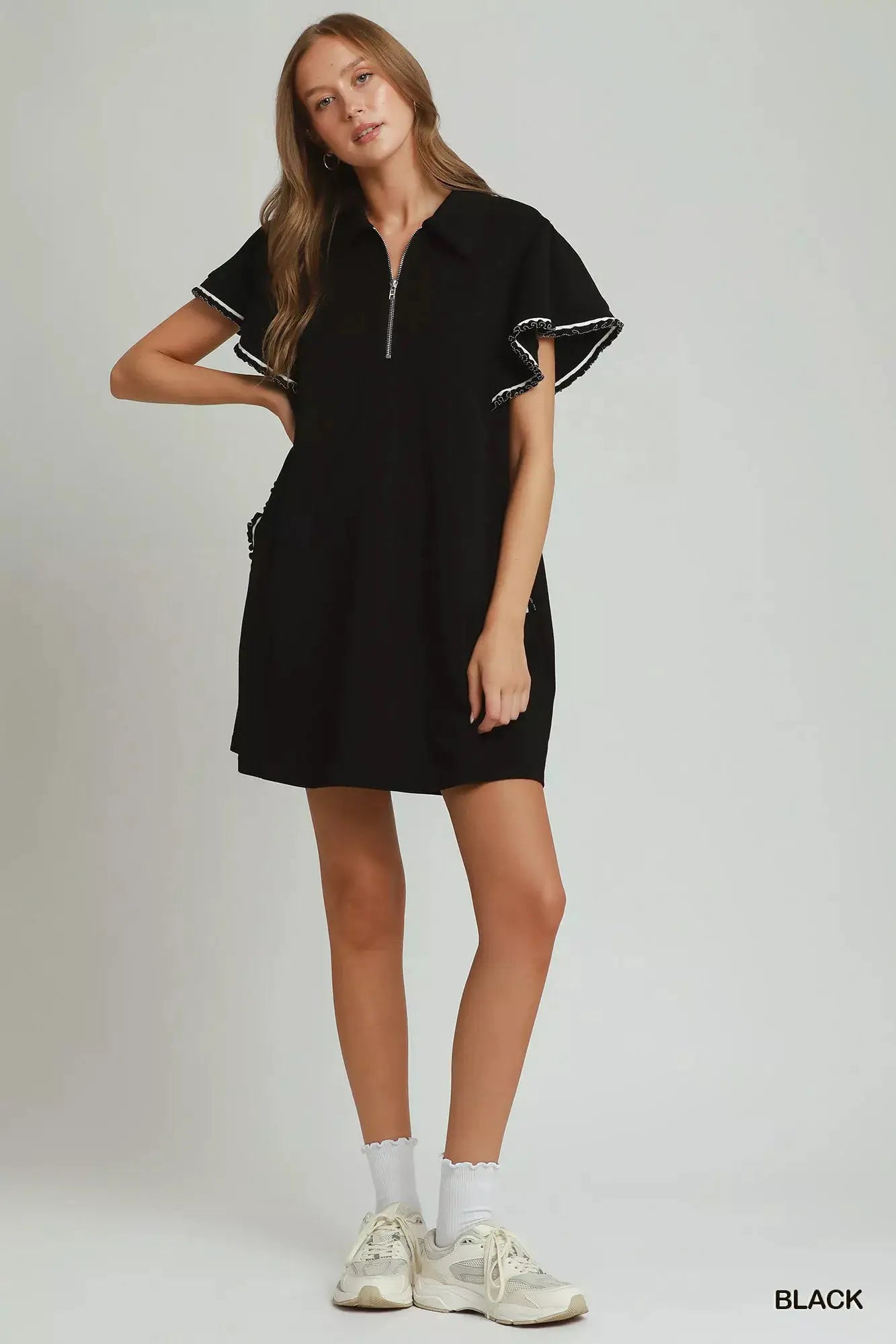 Umgee Half Zip Ruffle Rib Band Butterfy Sleeve Mini Dress with Pockets
