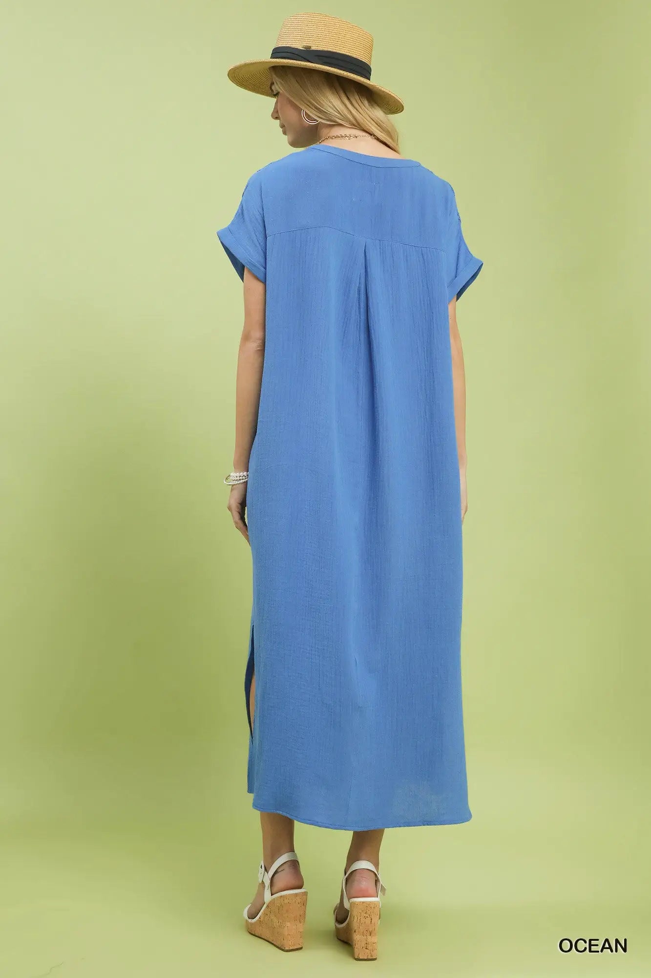 Umgee Button-Front Gauze Midi Dress with Lace Detail