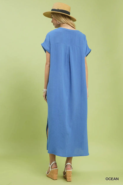 Umgee Button-Front Gauze Midi Dress with Lace Detail