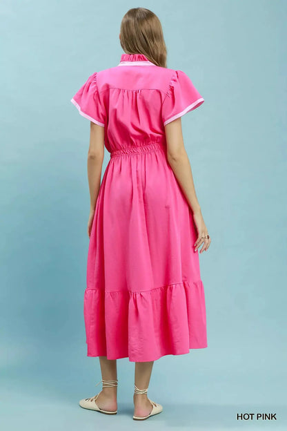 Umgee Contrast Trim Midi Dress with Tiered Ruffle Hem