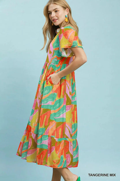 Umgee Abstract Tropical Print Tiered Midi Dress