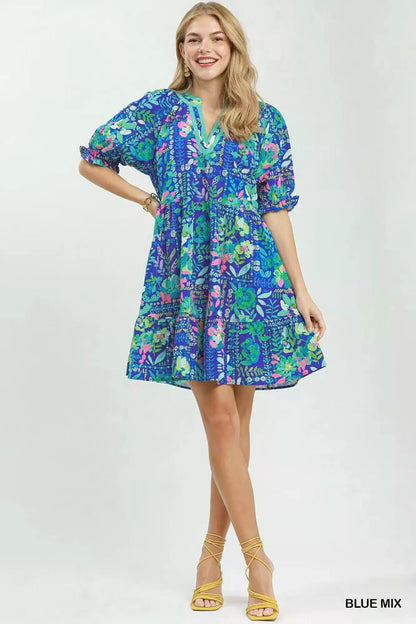 Umgee Mix Botanical Print Puff Sleeve Tiered Dress
