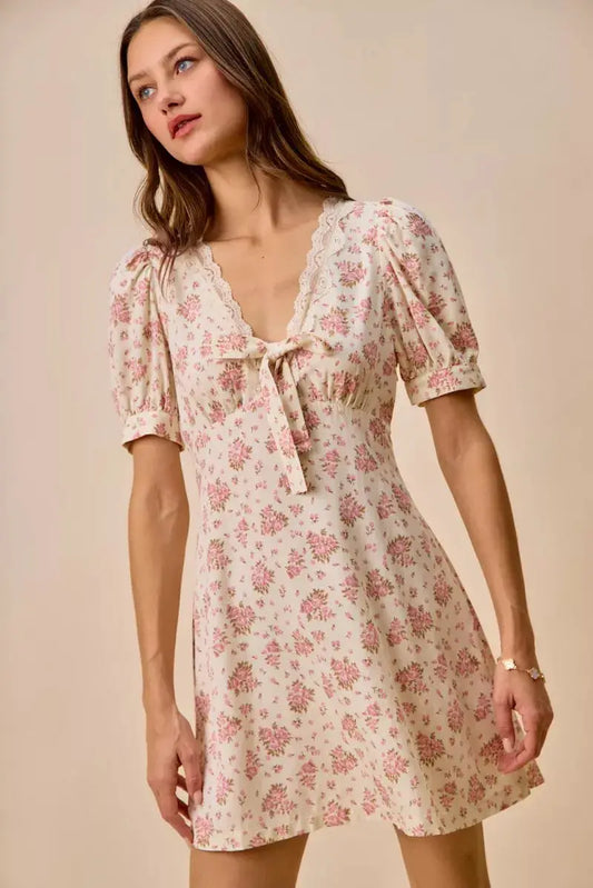 SO ME Floral Lace Trimed  Short Sleeves Mini Dress