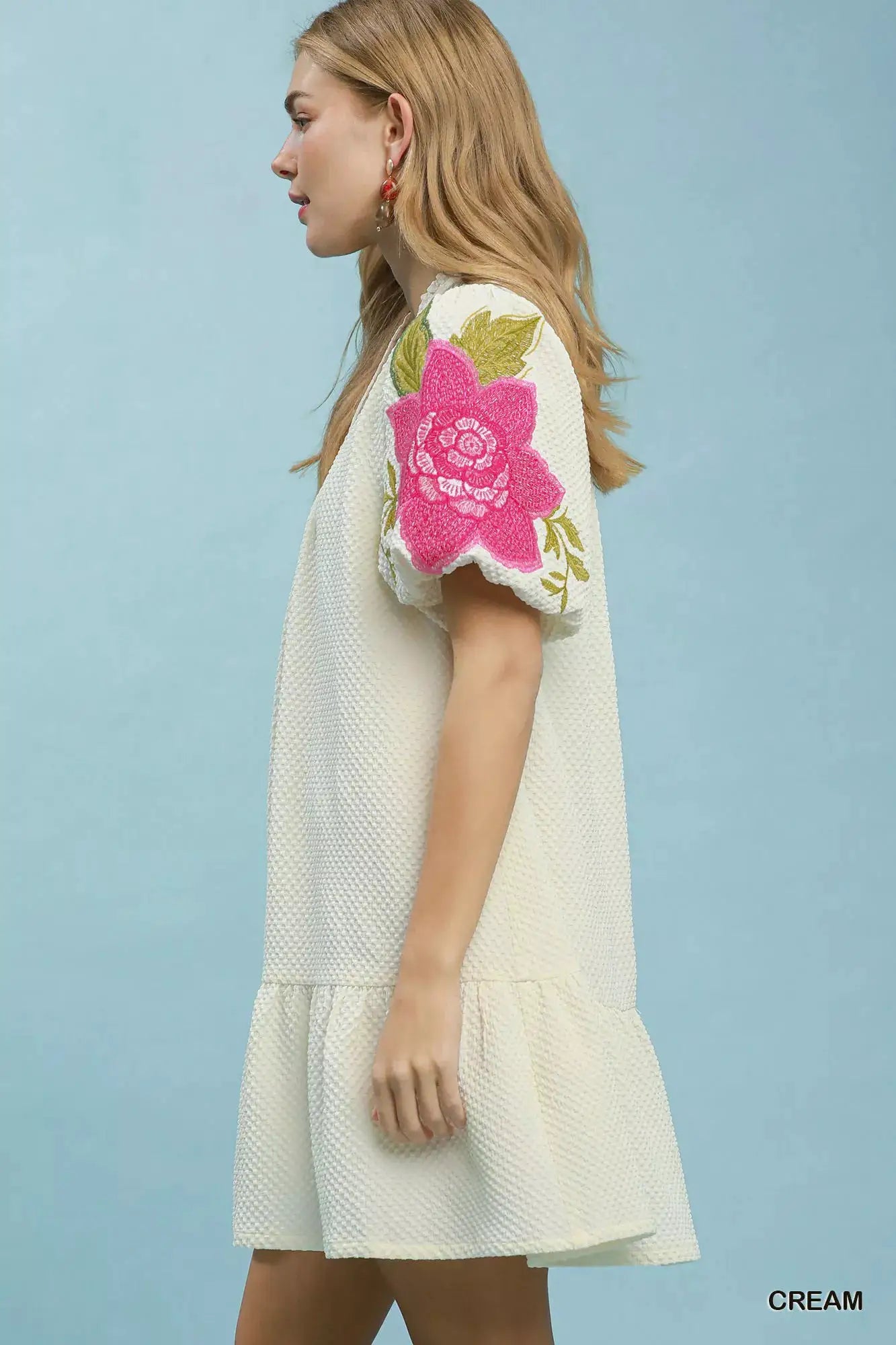 Umgee Floral Embroidered Textured Jacquard Dress