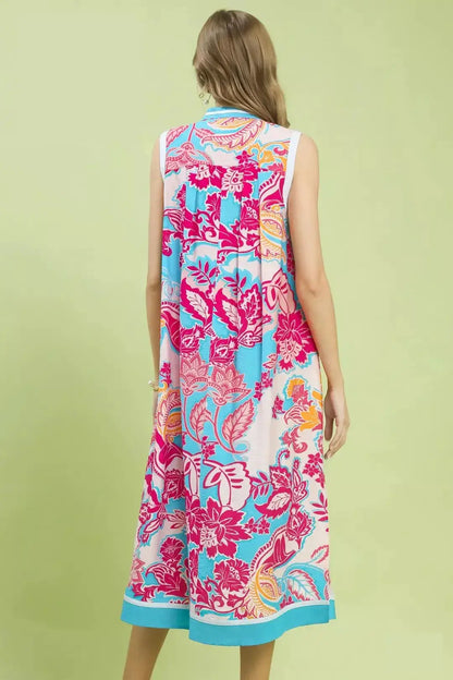 Umgee Floral Sleeveless Midi Dress with Side Pockets