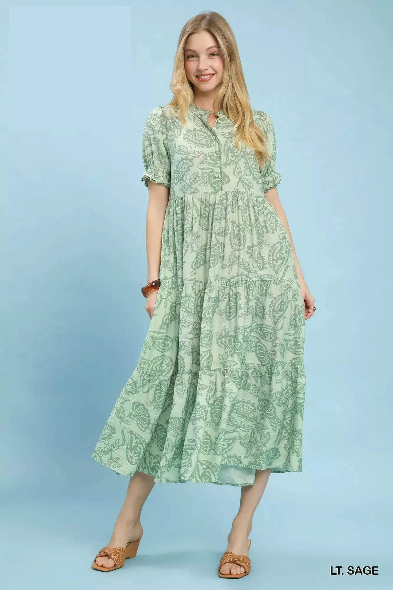 Umgee Paisley Print Tiered Midi Dress
