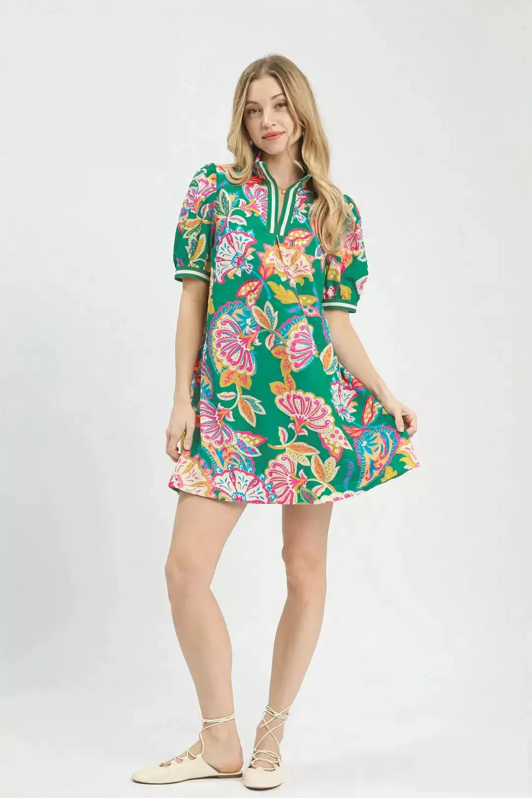 Umgee Jacquard Paisley Print Puff Sleeve Tunic Dress