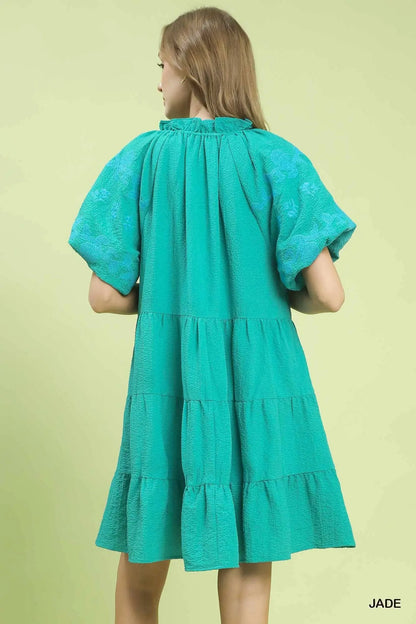Umgee Embroidered Tiered Puff Sleeve Mini Dress