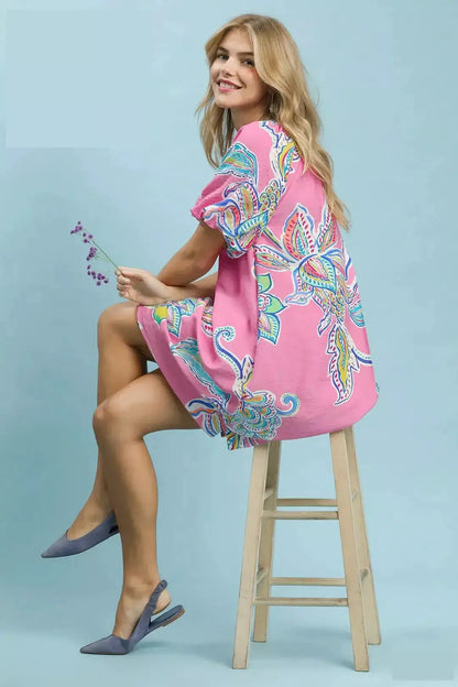 Umgee Boho Floral Print Mini Dress with Pockets