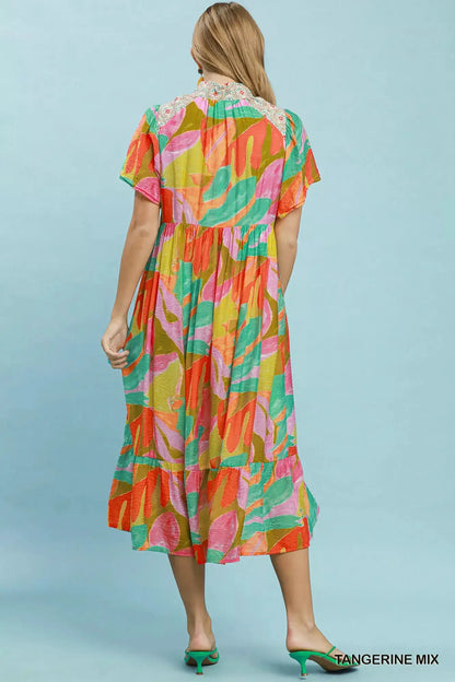 Umgee Abstract Tropical Print Tiered Midi Dress