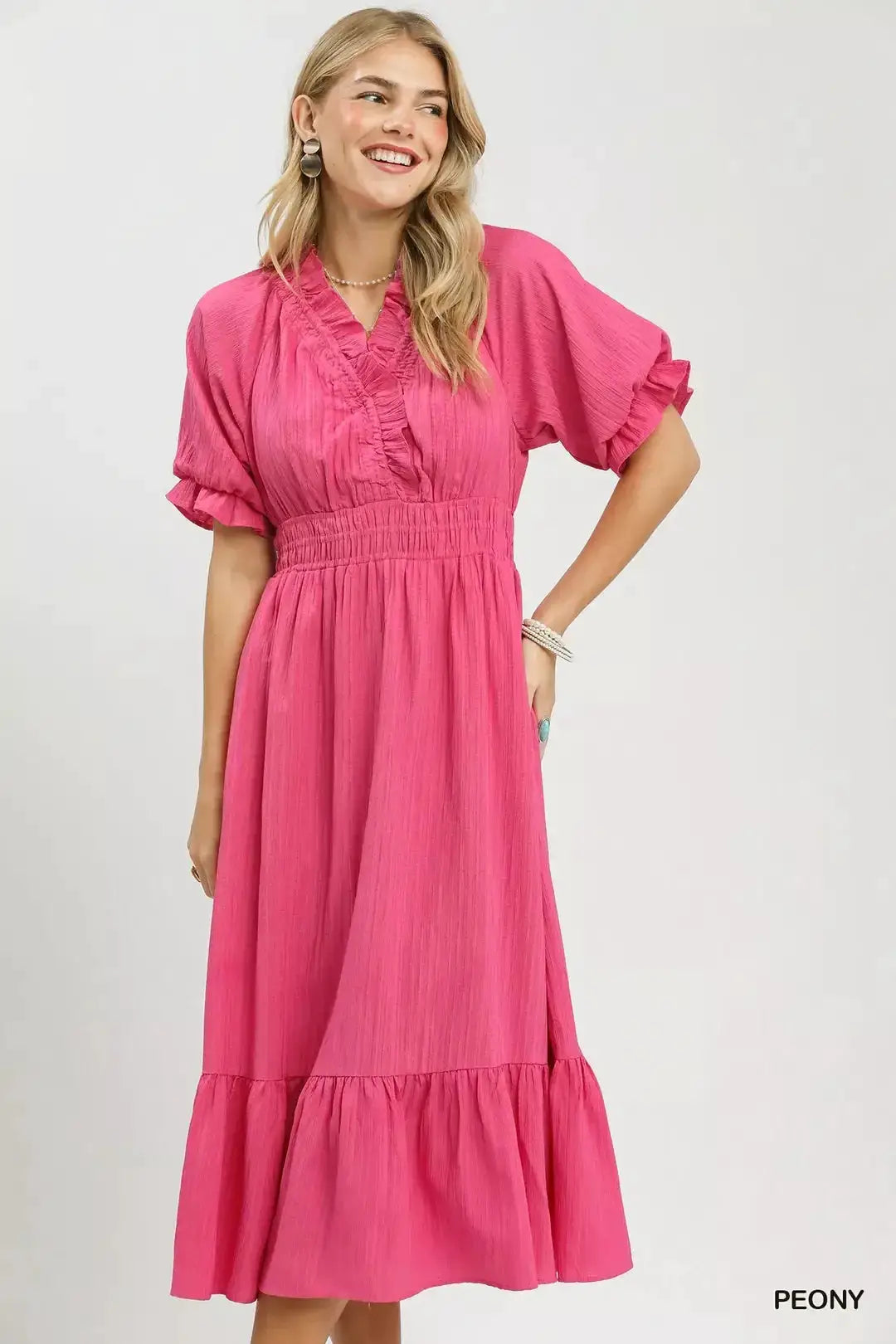 Umgee Ruffle V-Neck Midi Dress