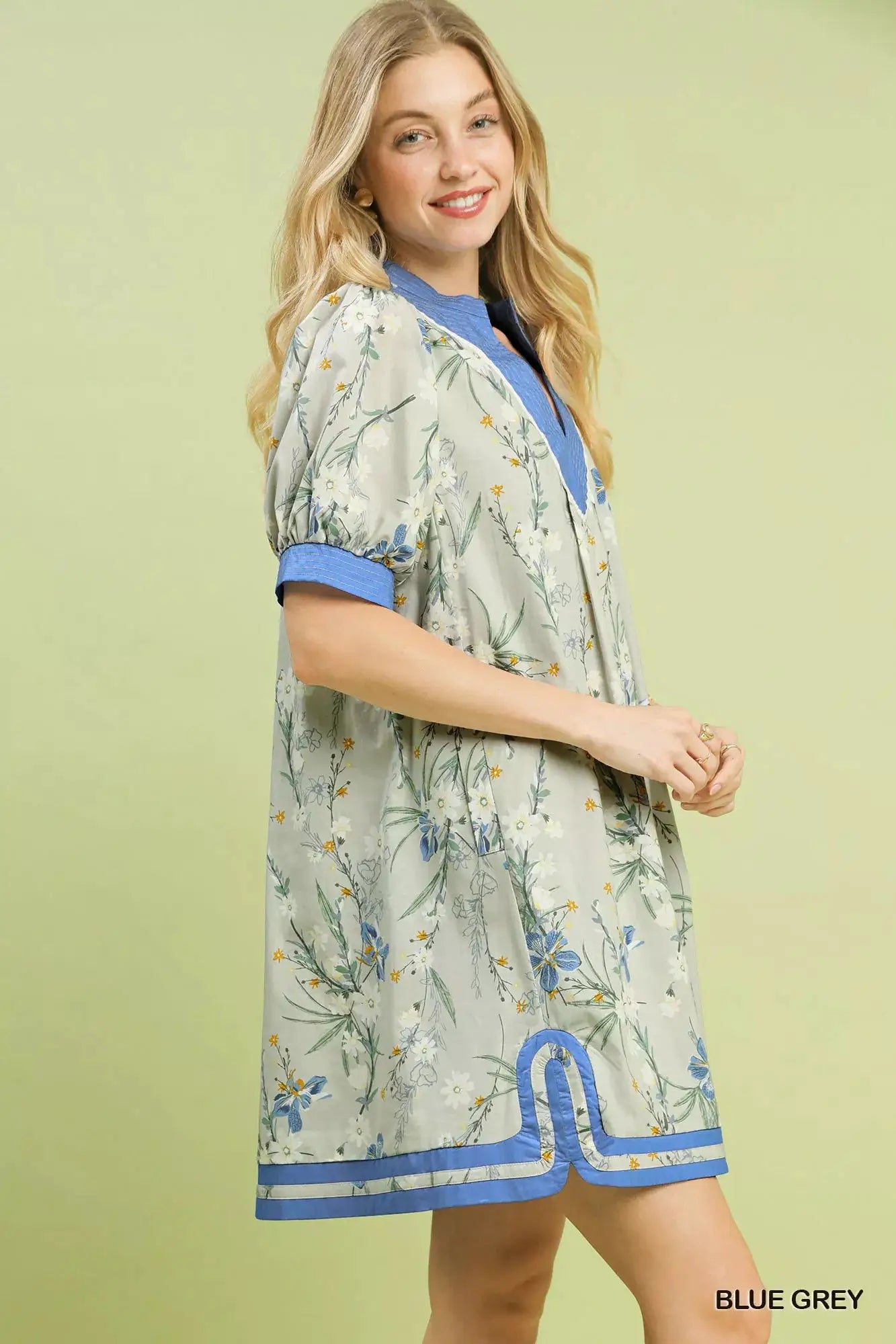 Umgee Floral Puff Sleeve Dress with Contrast Trim