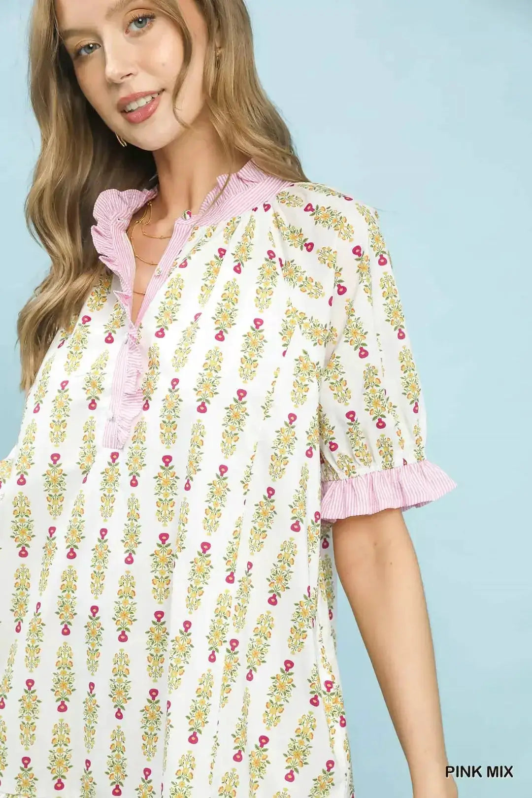 Umgee Striped Trim Floral Tiered Mini Dress