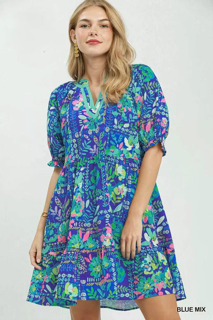 Umgee Mix Botanical Print Puff Sleeve Tiered Dress