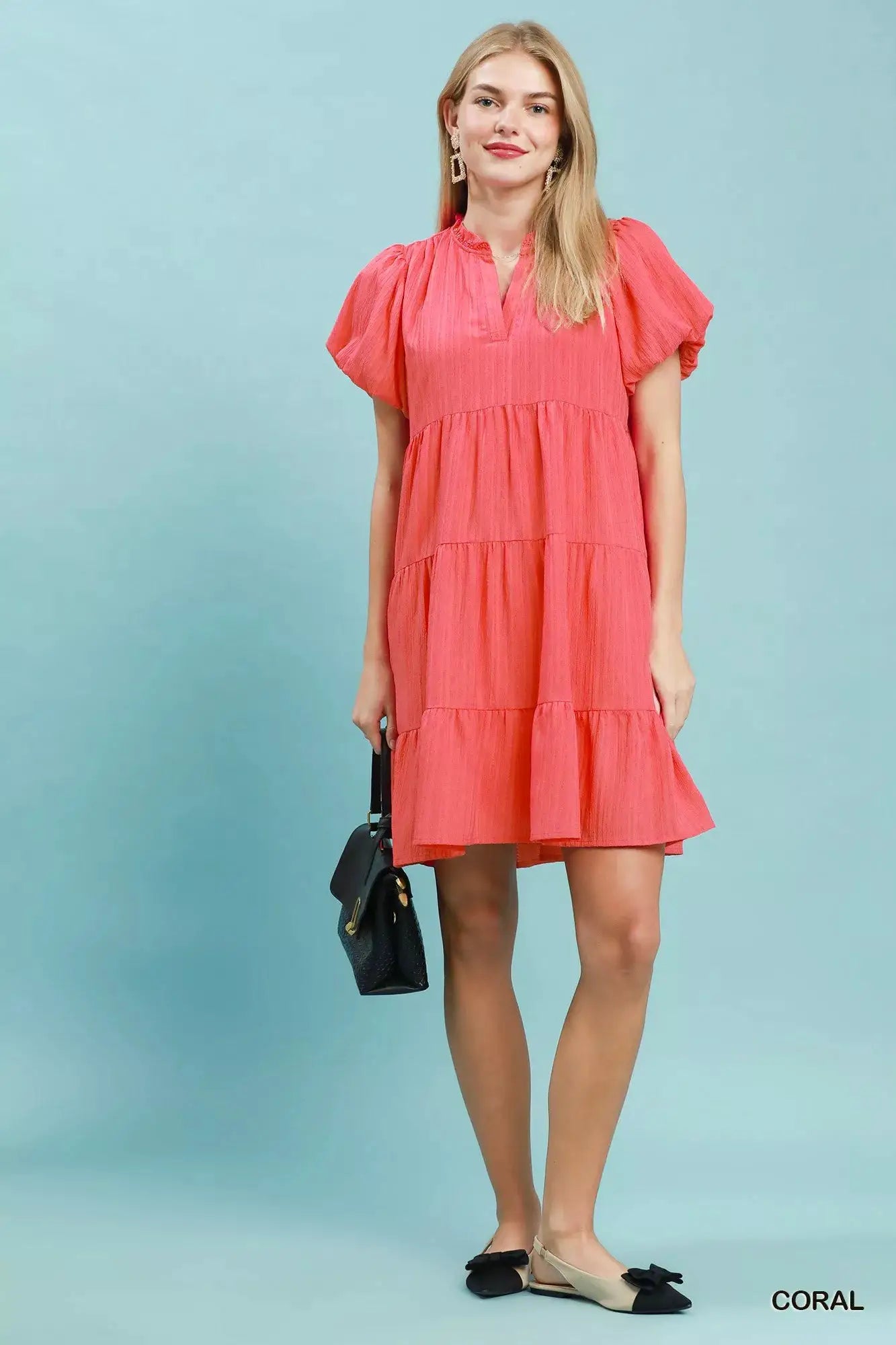 Umgee Puff Sleeve Tiered Babydoll Dress
