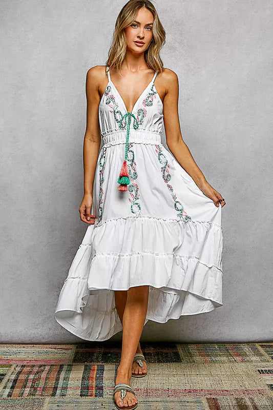 POL Embroidered Detail Tassel Tie Smocked Waist Midi Tiered Cami Dress