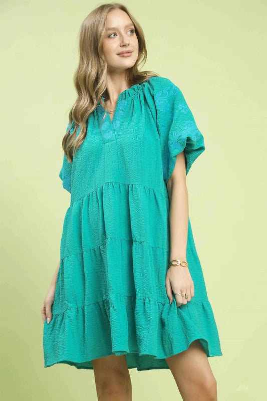 Umgee Embroidered Tiered Puff Sleeve Mini Dress