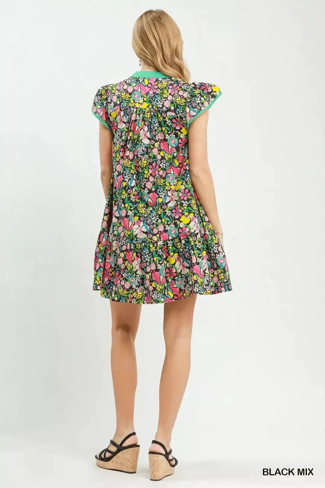 Umgee Floral Flutter Sleeve Tiered Mini Dress