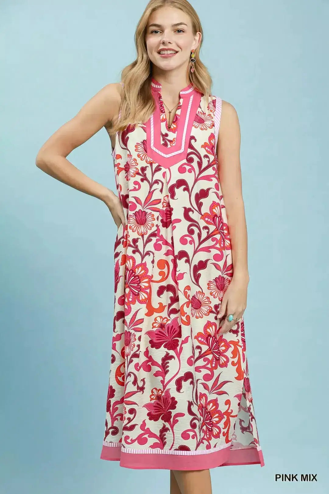 Umgee Floral Scroll Sleeveless Midi Dress