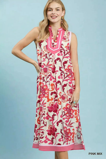 Umgee Floral Scroll Sleeveless Midi Dress