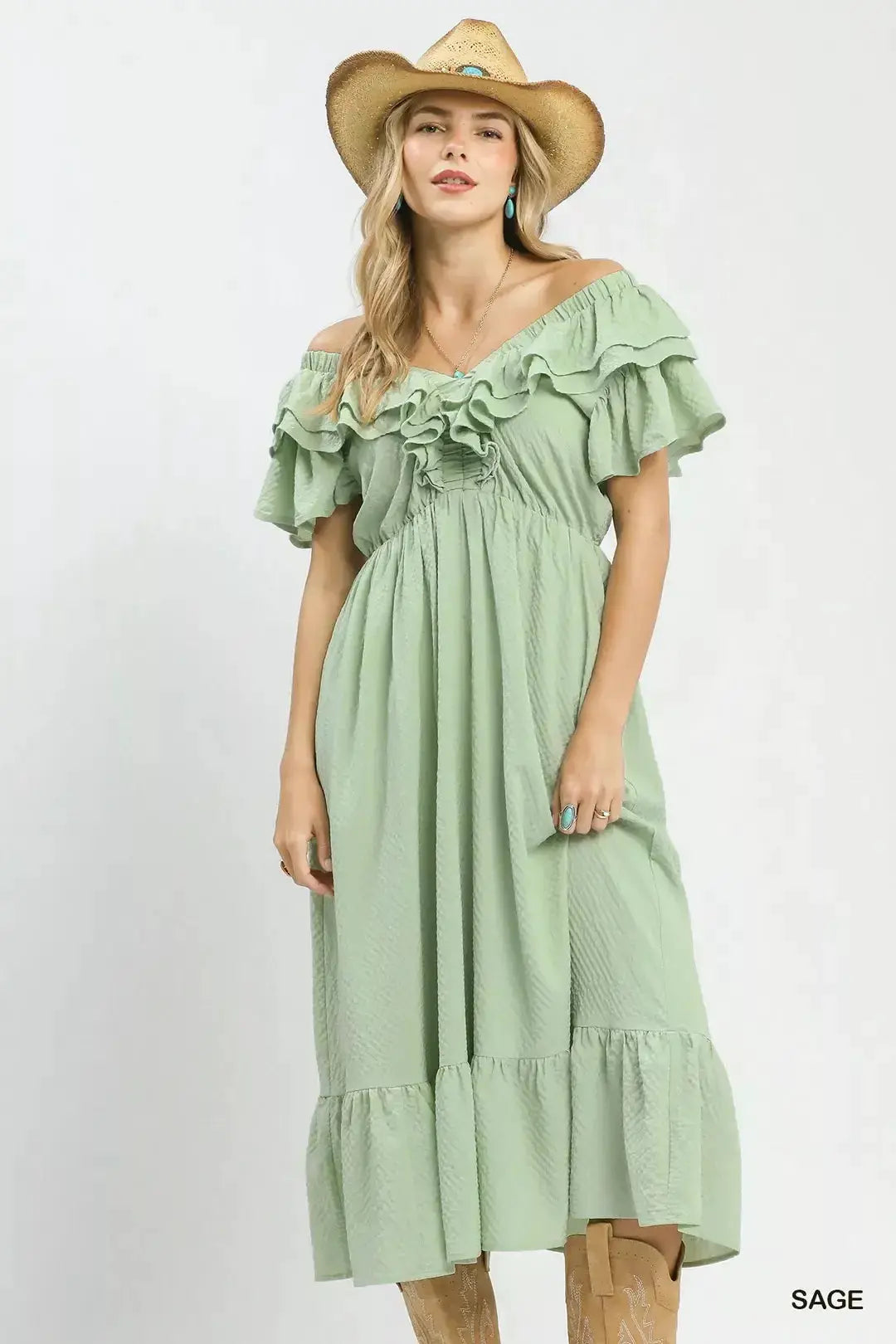 Umgee Textured Ruffle Midi Dress