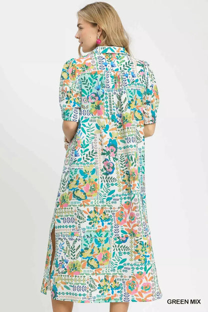 Umgee Folk Print Midi Dress with Side Pockets