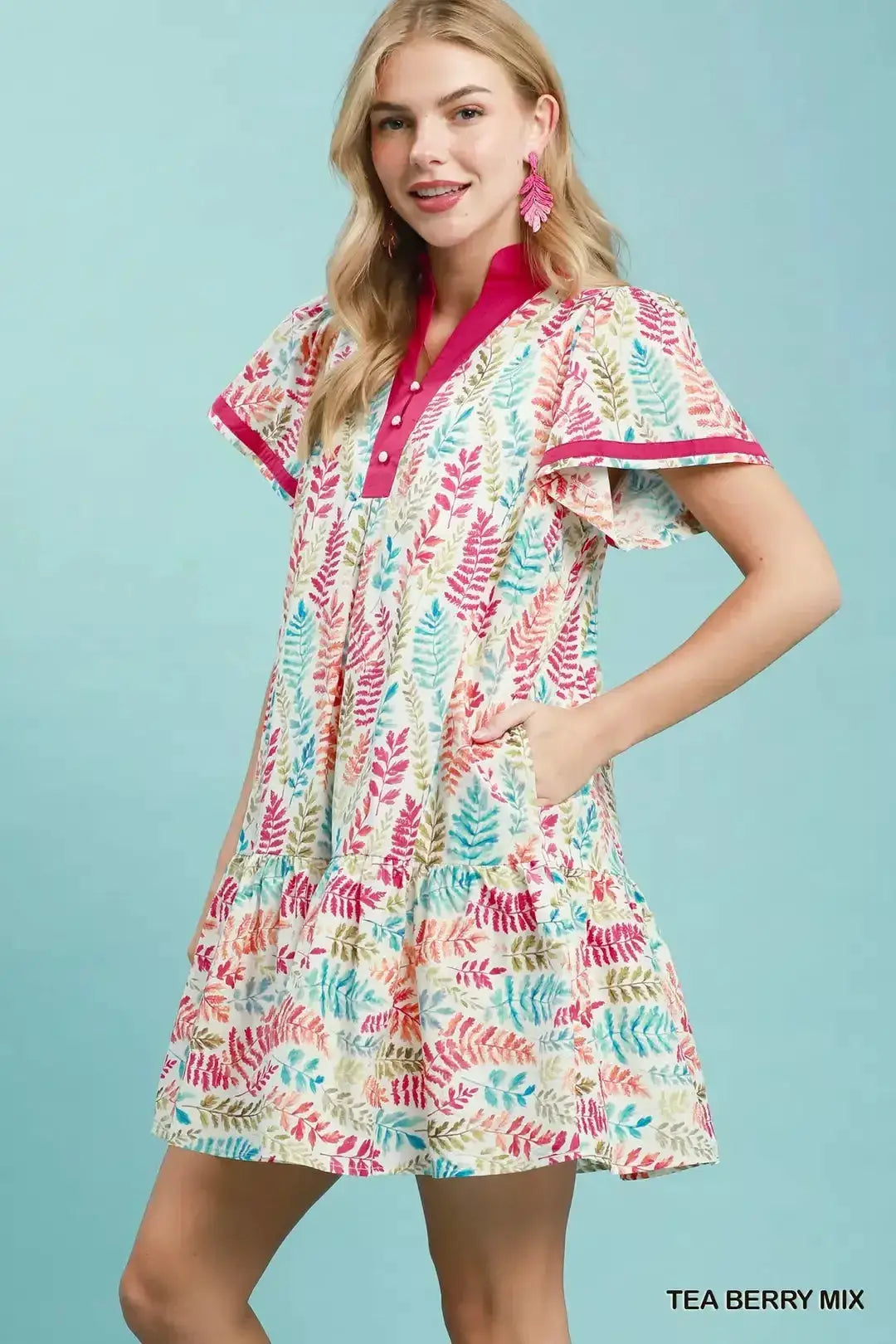 Umgee Leaf Print Flutter Sleeve Tiered Mini Dress
