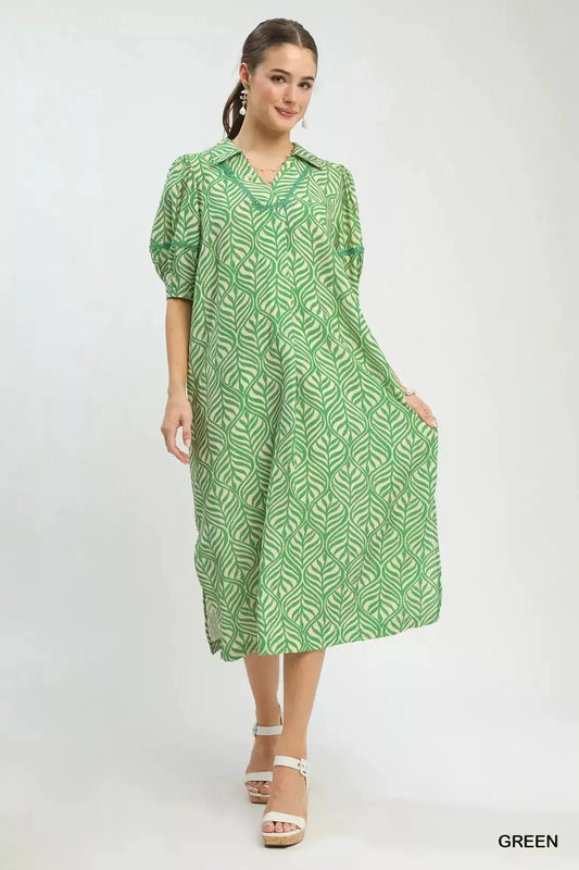 Umgee Printed Puff Sleeve Midi Dress with Pockets