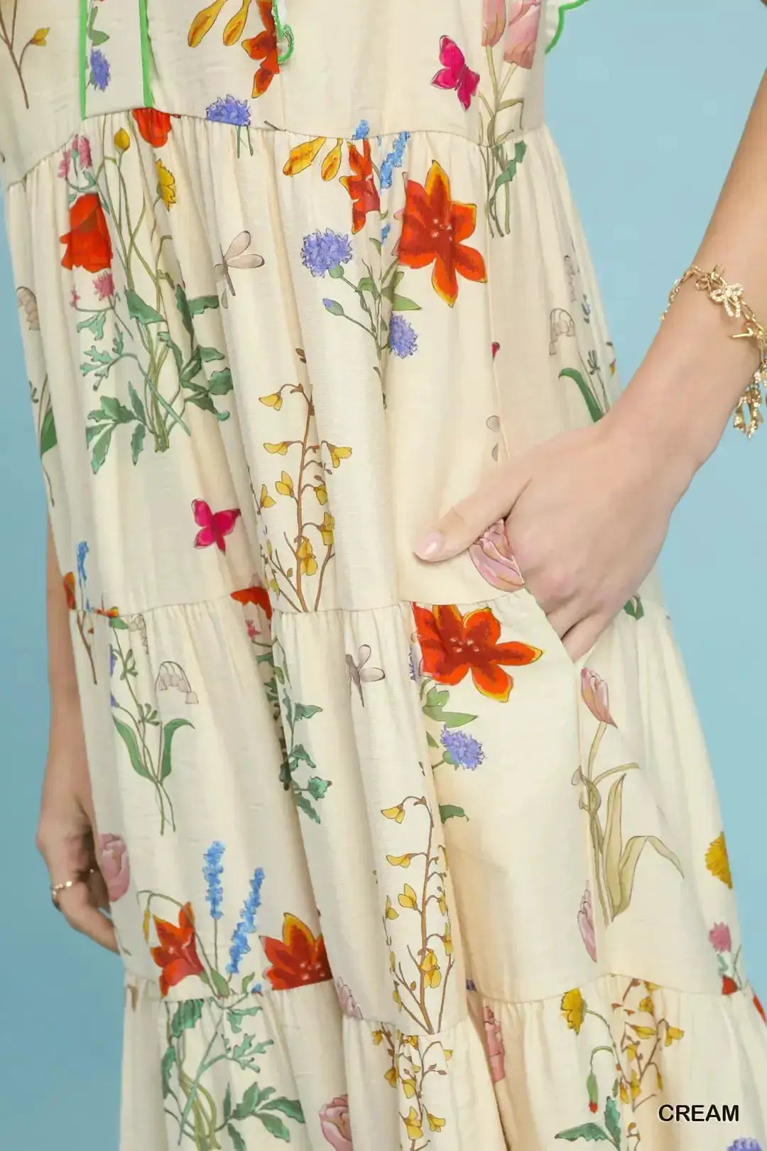 Umgee Floral Ruffle Tiered Midi Dress with Scalloped Detail