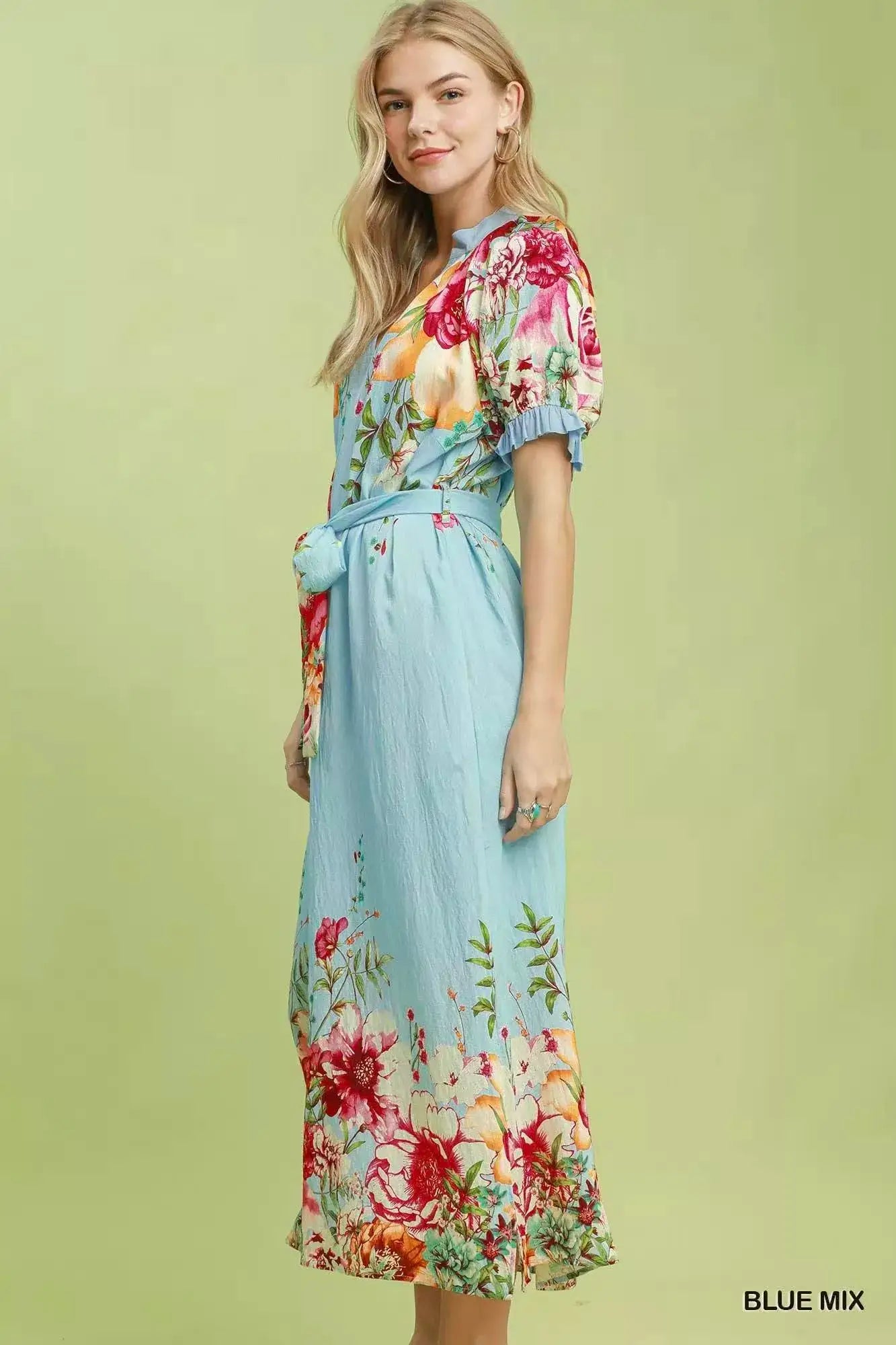 Umgee Mix Floral Border Print Midi Dress